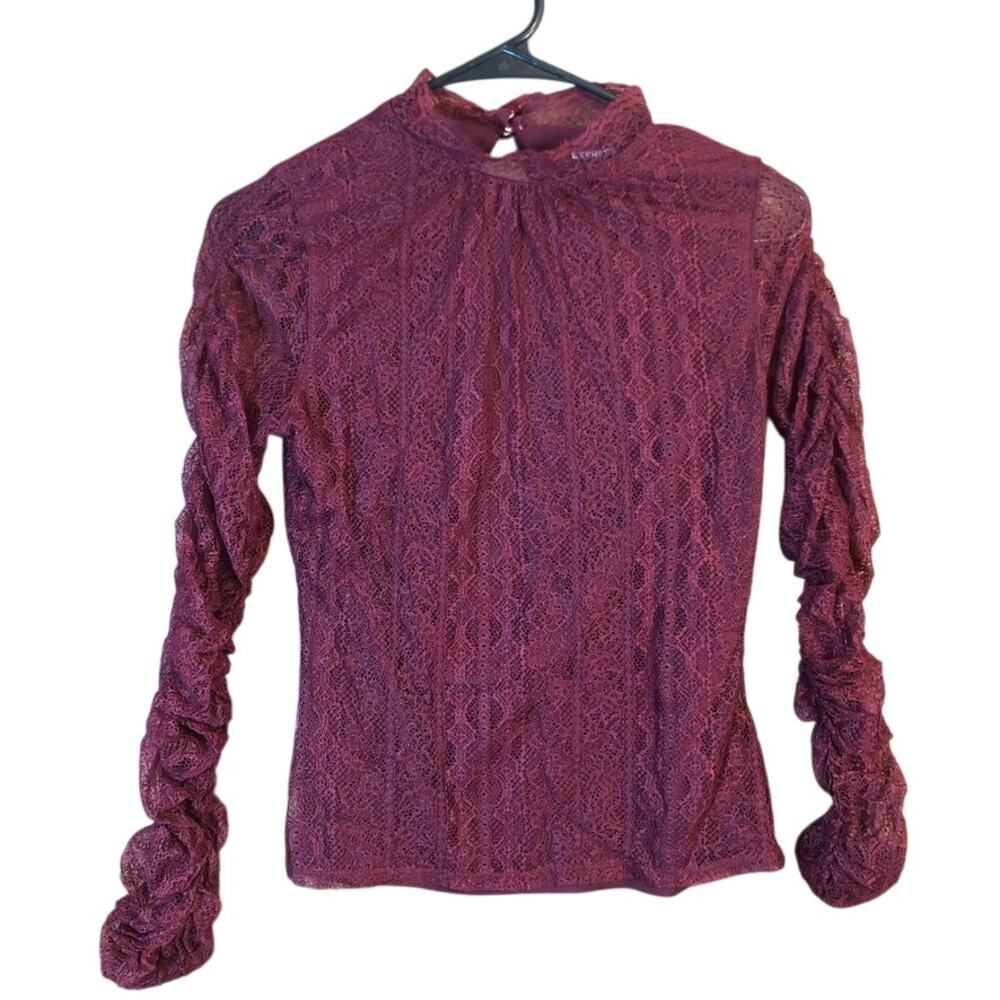 Express Womens Blouse Burgundy Lace Floral Ruched Long Sleeve Mock Neck XS